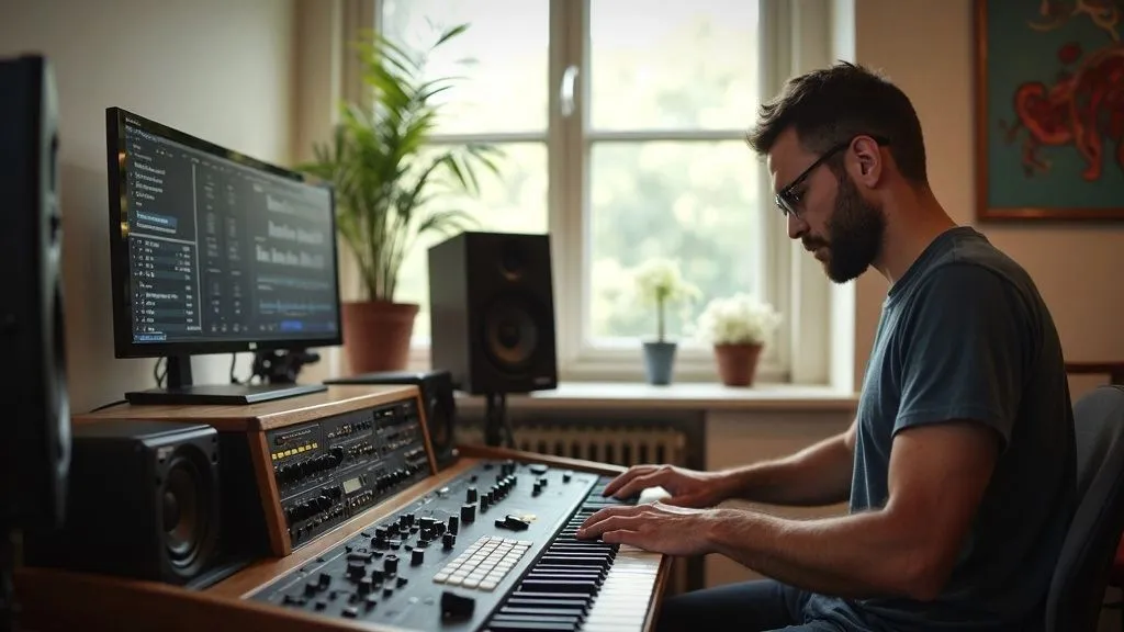 A music producer working with software and instruments in a studio
